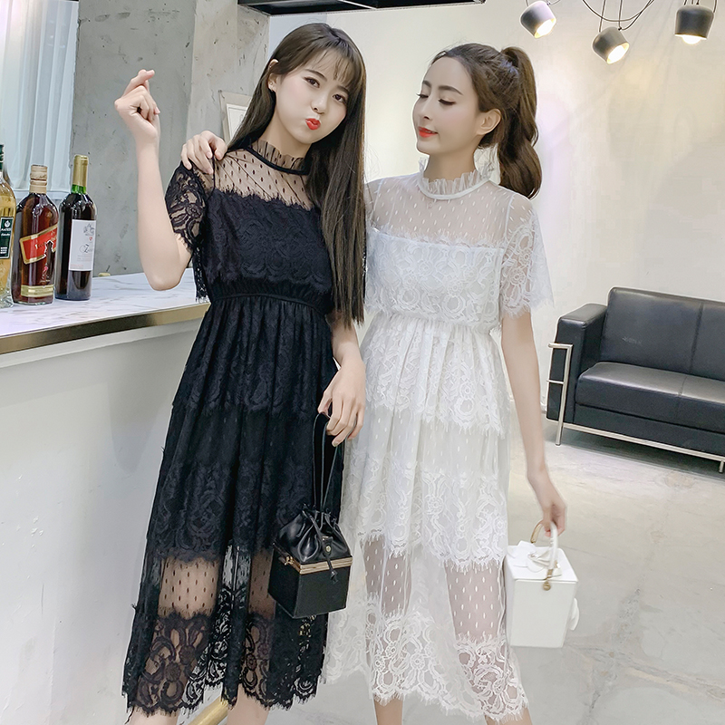2019夏装韩版女蕾丝网纱短袖显瘦很仙的连衣裙蛋糕裙大摆长裙6034