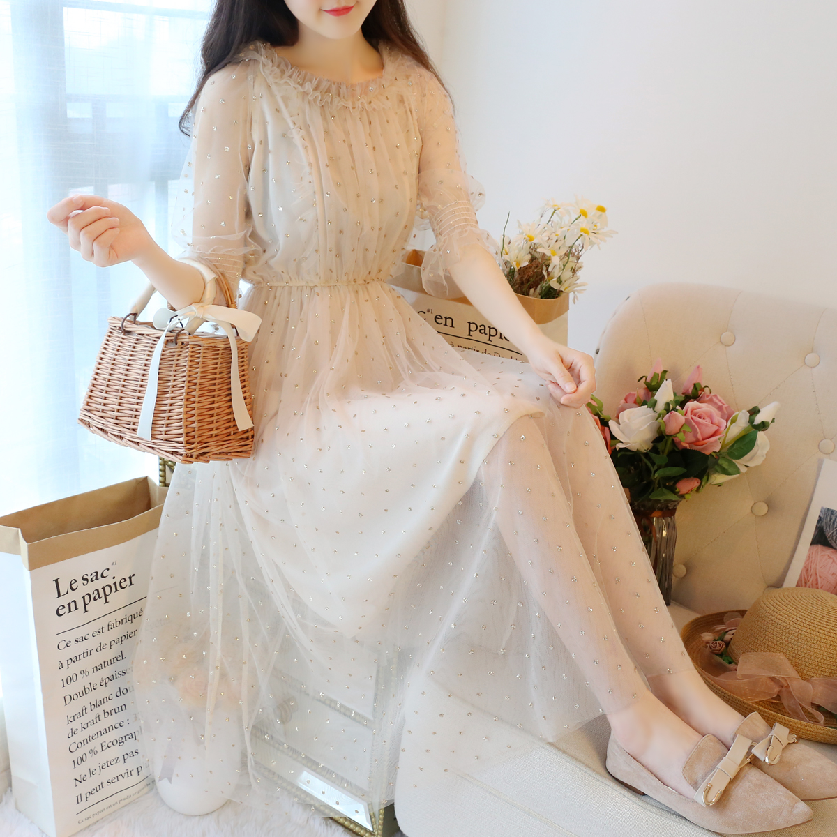 网红连衣裙夏季新款网纱亮片高腰衣服2019新品木耳边中长裙