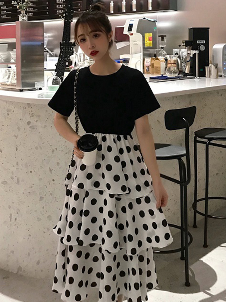 春夏韩版中长款高腰波点蛋糕裙女裙子2019新款流行学生连衣裙长裙