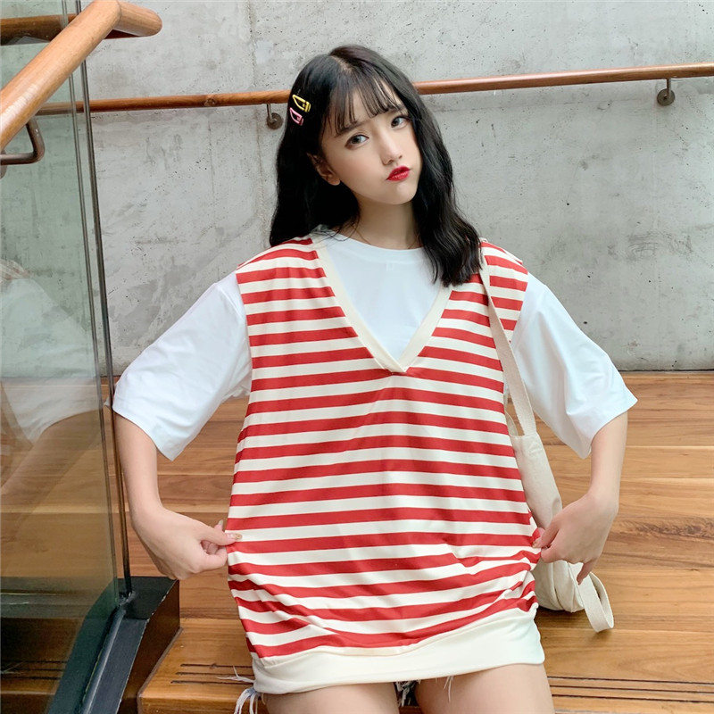 实拍2019条纹俩件套女夏韩版文艺圆领纯色短袖t恤条纹马甲