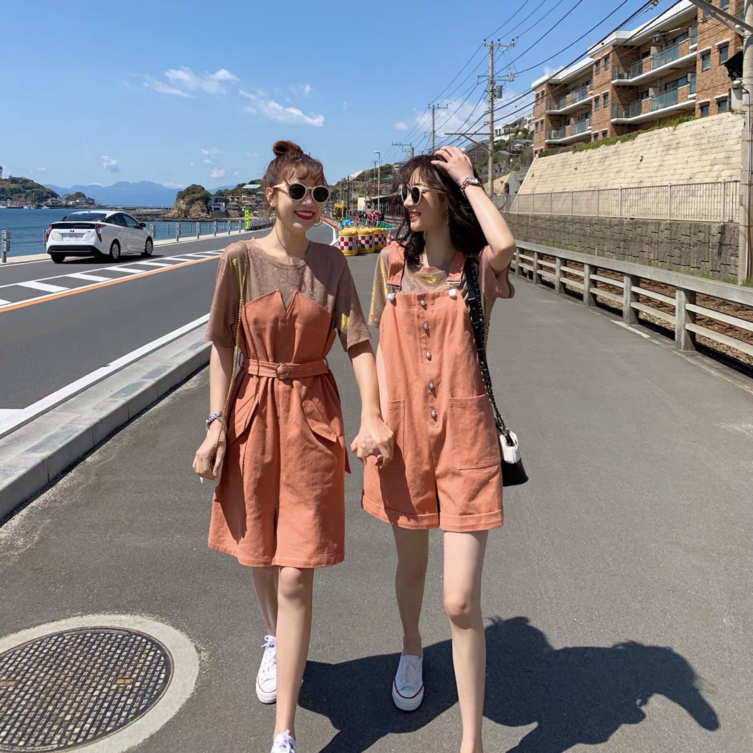 连衣裙2019新款夏季流行女装韩版假两件t恤裙背带短裤套装闺蜜装