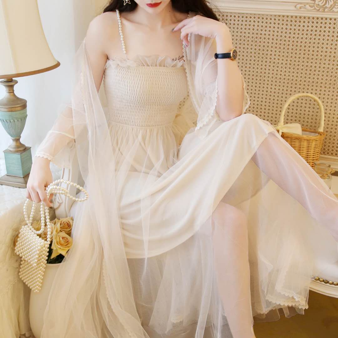 超仙森系甜美网纱仙女裙套装温柔风长款开衫吊带连衣裙两件套