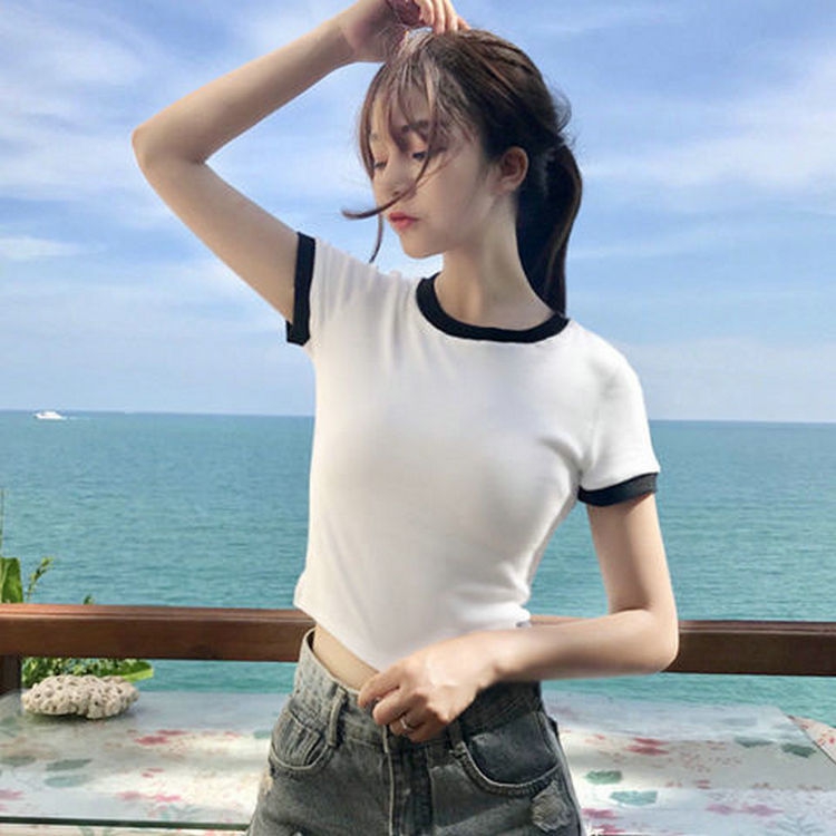 2021新款的优选学生短款短袖夏装女性感心机露脐t恤肚脐上衣紧身