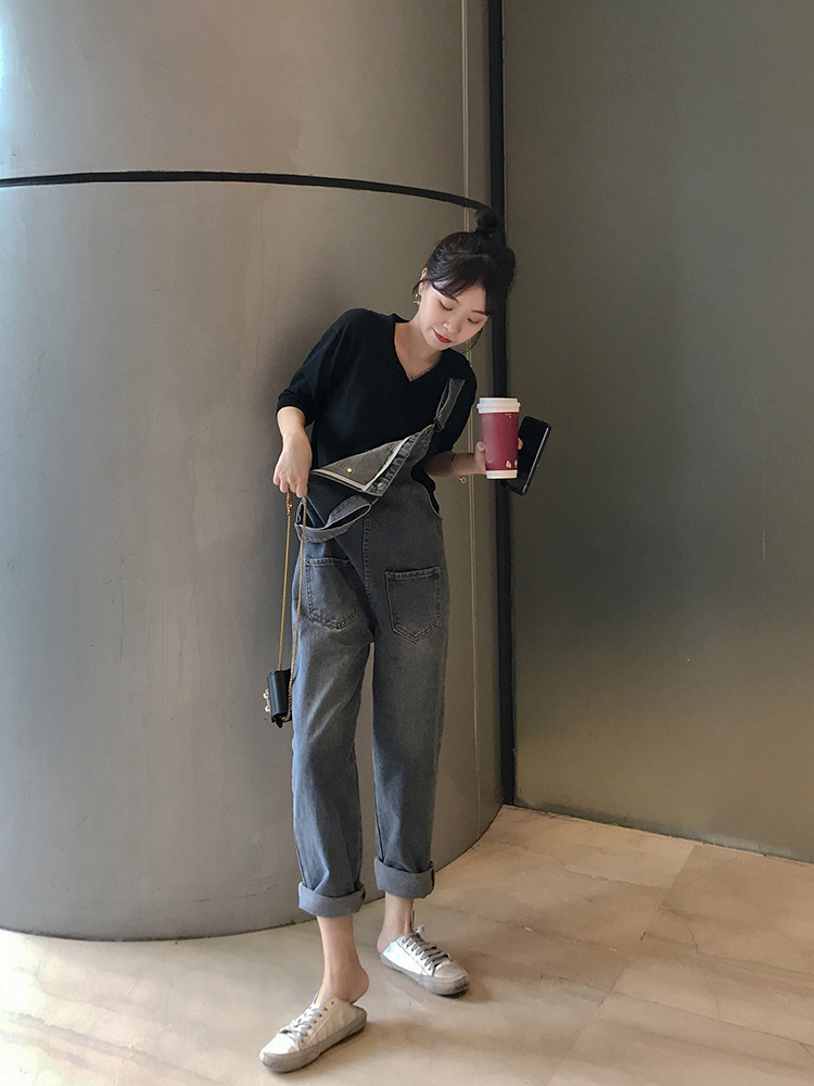 蕾蕾婷 牛仔裤背带裤女夏2019新款韩版宽松显瘦吊带哈伦裤子