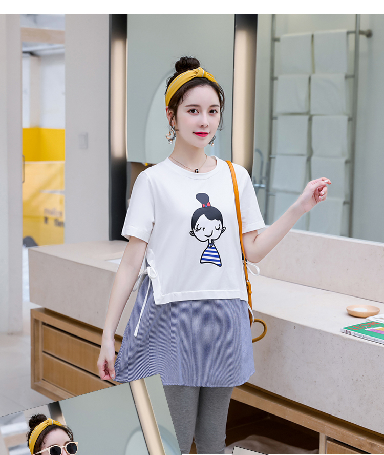 지금 출산 착용 여름 드레스 티셔츠 반팔 세트 새로운 패션 한국 스타일 출산 스커트 여름 루즈핏 중간 길이 맨위
