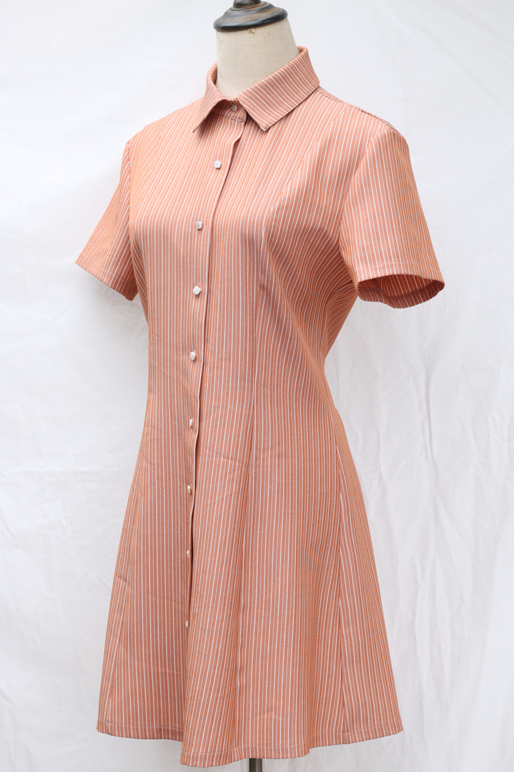 first ring 橘粉色细条纹小个子短袖连衣裙ins复古收腰衬衫短裙女