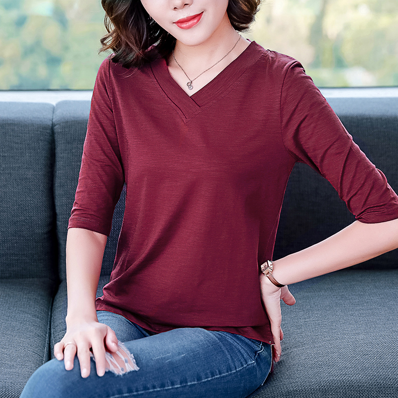 2019春夏新款女装中袖t恤女纯色宽松短袖上衣服洋气v领时尚打底衫