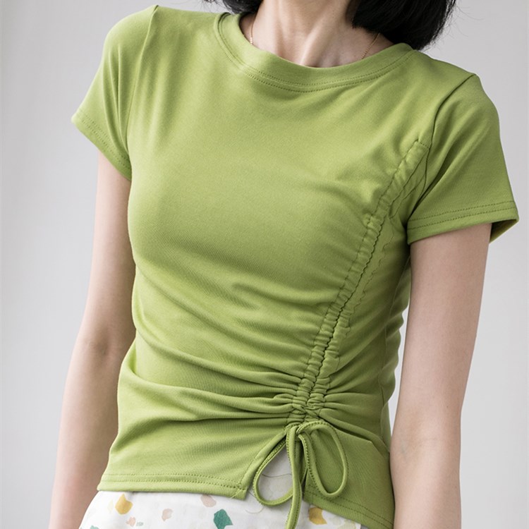 小清新抹茶绿短袖t恤女设计感抽绳牛油果上衣
