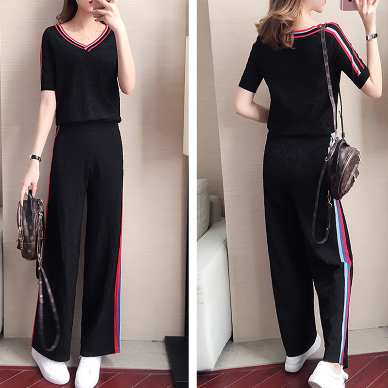 休闲阔腿裤套装女夏季2019新款洋气女士时尚冰丝针织运动服两件套