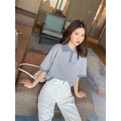 2019夏季新款韩版翻领格子针织短袖T恤女学生chic减龄气质体血衫