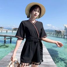 批发连衣裙女2019春夏新款法国小众仙女收腰显瘦纯色V领<b class='q'>连体</b>短<b class='q'>裤裙</b>子