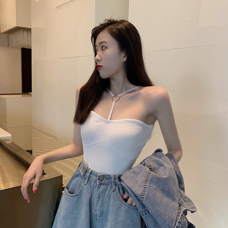 实拍时尚韩版复古个性挂脖纯色抹胸修身性感内搭小背心潮