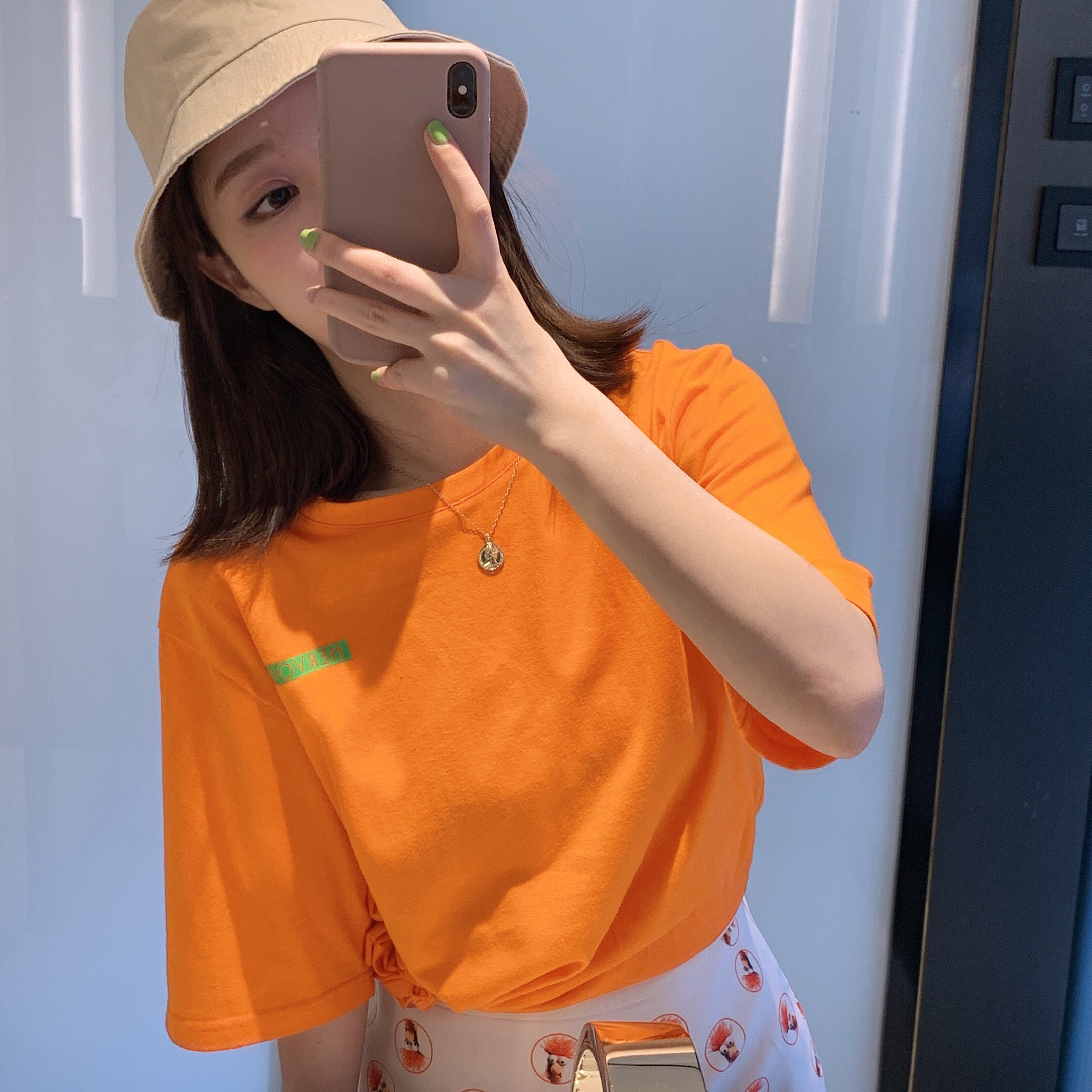 橘色科米蛙印花纯色体恤女2019新款夏宽松超火cec心机上衣