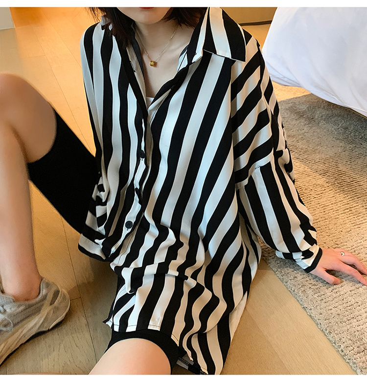 a7seven黑白竖条纹衬衫女夏季韩版长袖宽松休闲百搭甜美气质衬衣