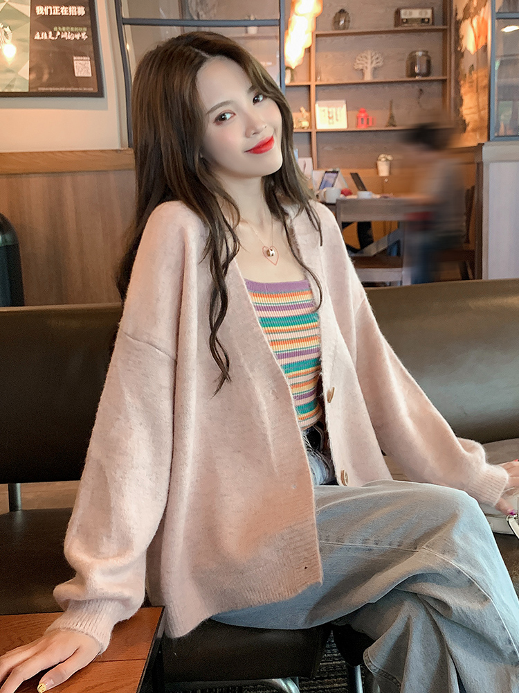 花色毛衣女宽松慵懒风v领毛线开衫外套外穿2019秋新款长袖针织衫