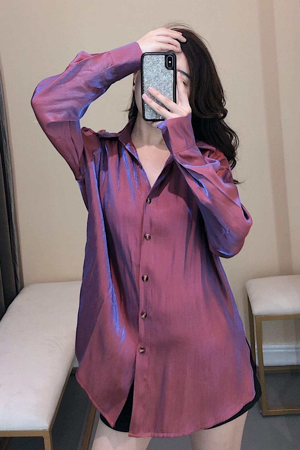 实拍 大码女装2019秋季人鱼姬衬衫女胖mm宽松光泽感长袖衬衣外套