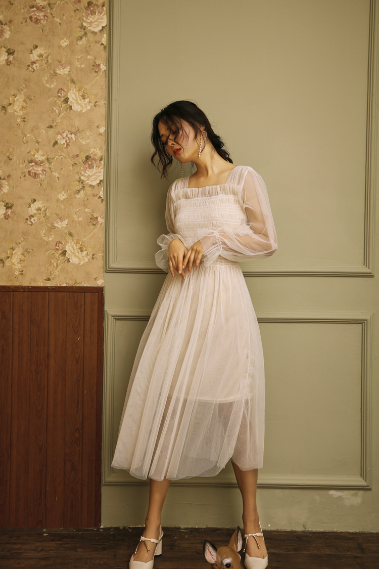 实拍~网红网纱裙 吊带 一字领两件套连衣裙