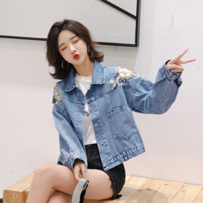 浅蓝色牛仔外套女贴布花朵2020秋季新款甜美百搭韩版宽松短款上衣
