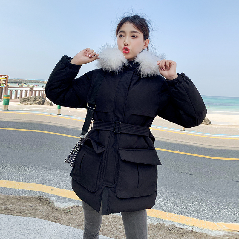 实拍2019新款森女系列羽绒服女韩版腰带淑女风中长款网红棉外套