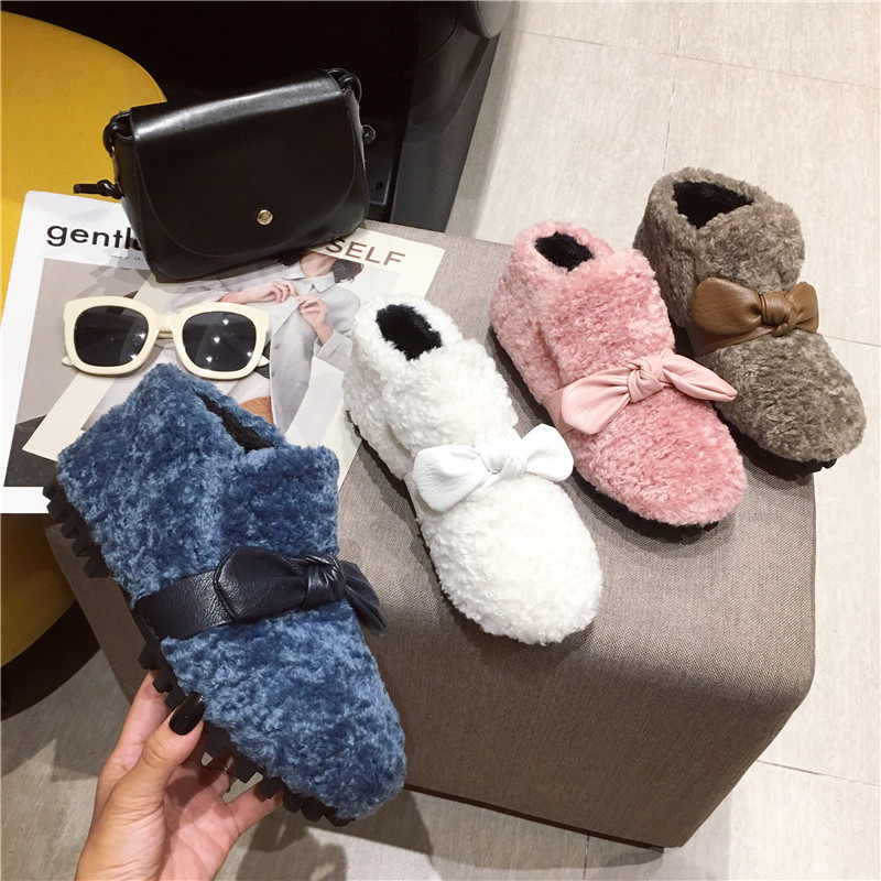 2019羊羔毛毛鞋防滑松糕鞋保暖加厚圆头蝴蝶结平底短靴女鞋