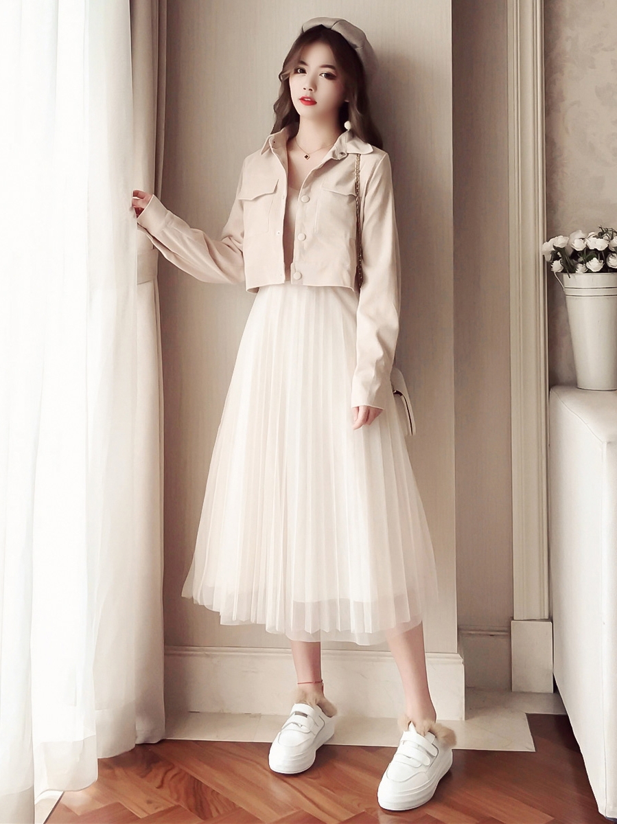 裙子女2019春秋新款百搭两件套网纱连衣裙法式少女茶歇裙气质长裙