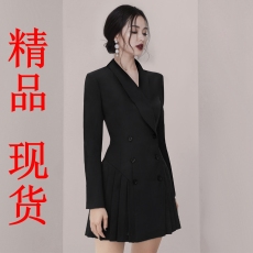 批发春<b class='q'>秋</b>装新款气质黑色翻领OL西装短外套百褶拼接百搭短连衣裙女