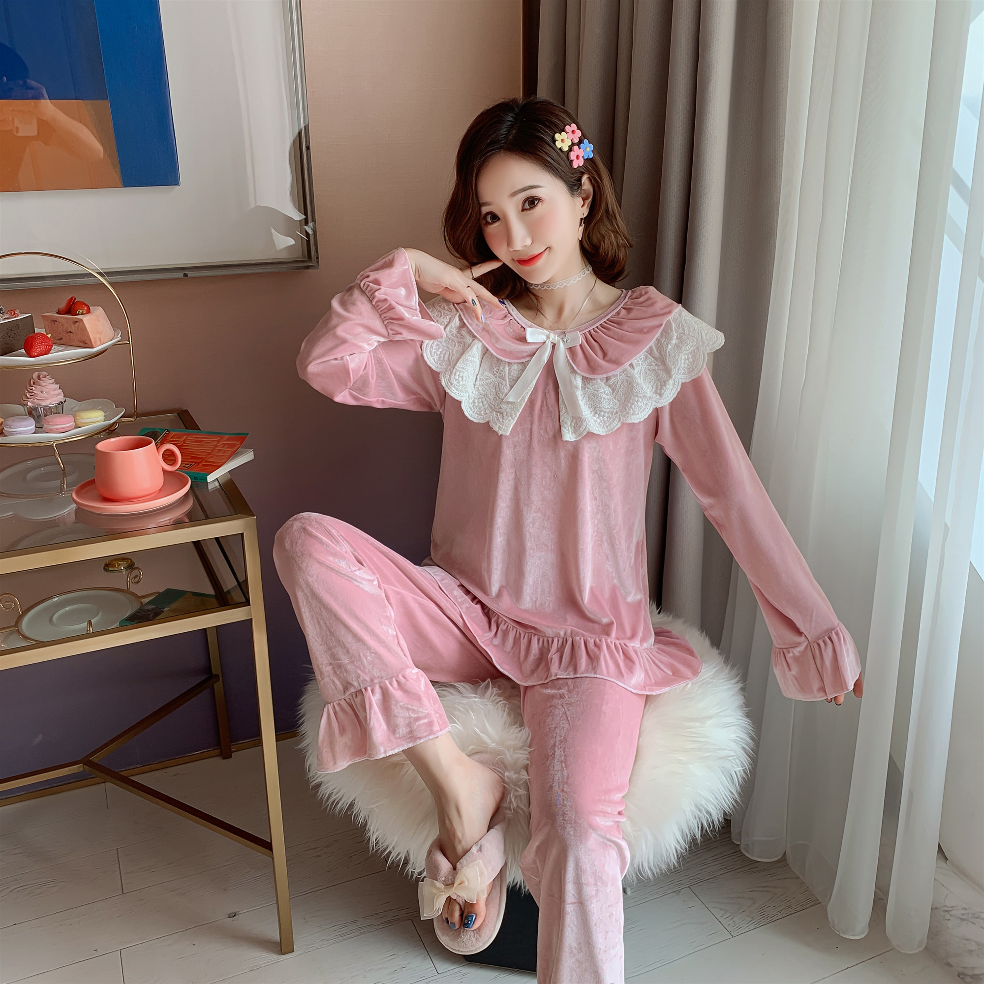 新品 实价 实拍 2019潮款秋冬季长袖 公主风款式金丝绒睡衣女装