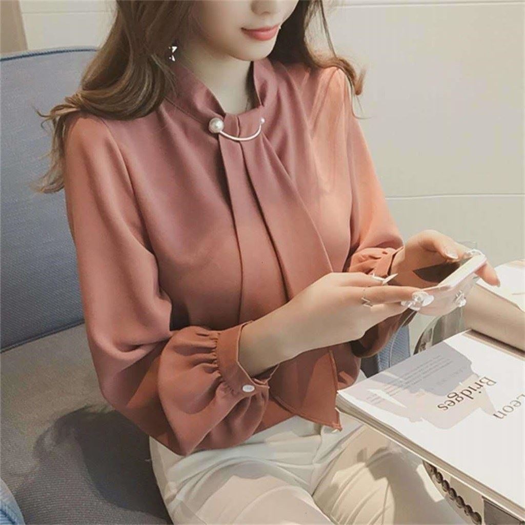 봄 드레스 새로운 한국 스타일 니트 반지 버클 벌룬 소매 풀오버 쉬폰 블라우스 여성 긴 소매 바지를 입는 셔츠 맨위