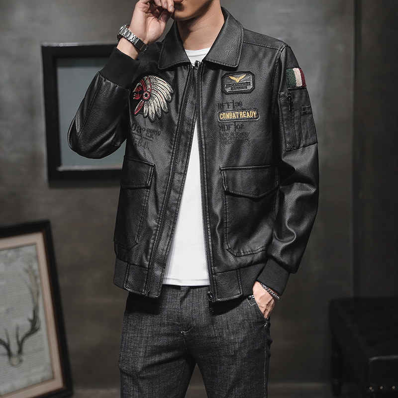 19年秋冬季新款加绒pu皮衣夹克男生休闲潮机车翻领印第安酋长头像