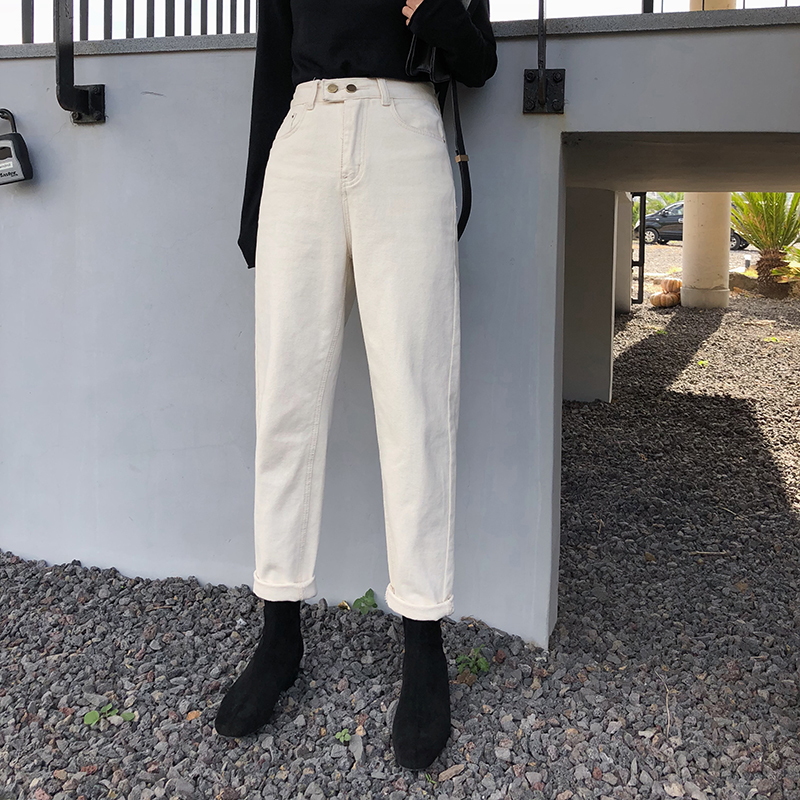 非实拍 a7seven 白色牛仔萝卜裤女冬季韩版宽松显瘦休闲哈伦裤子