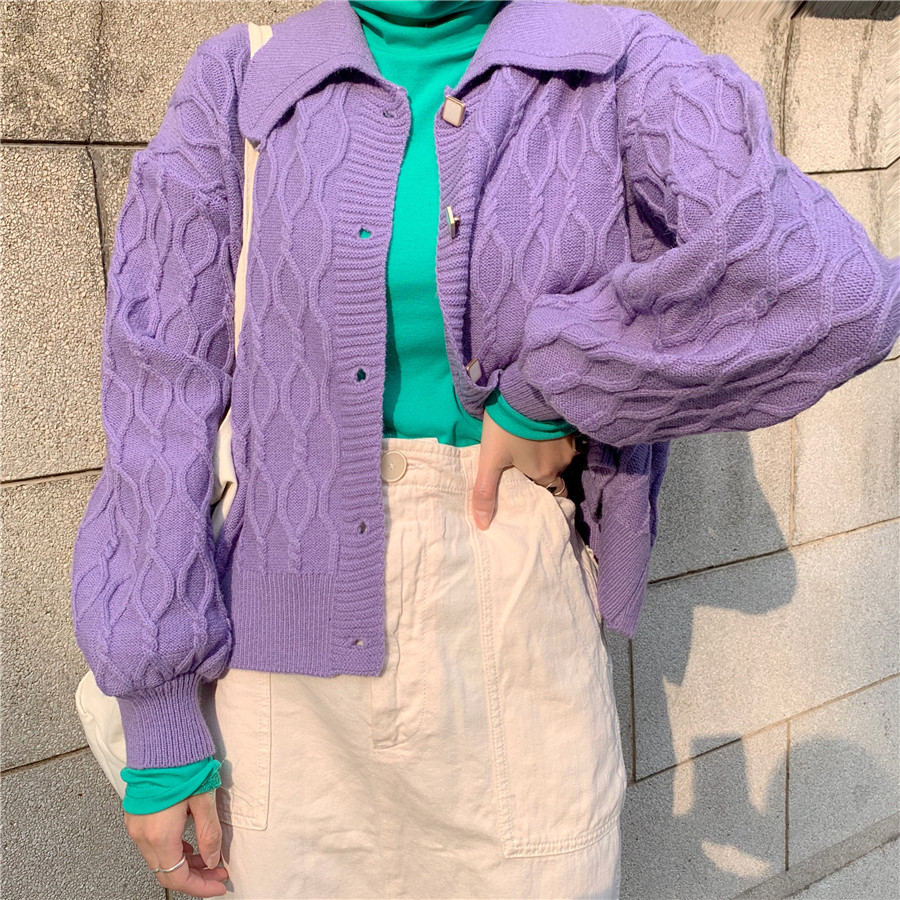 韩版秋冬加厚翻领复古重工针织开衫外套上衣女毛衣