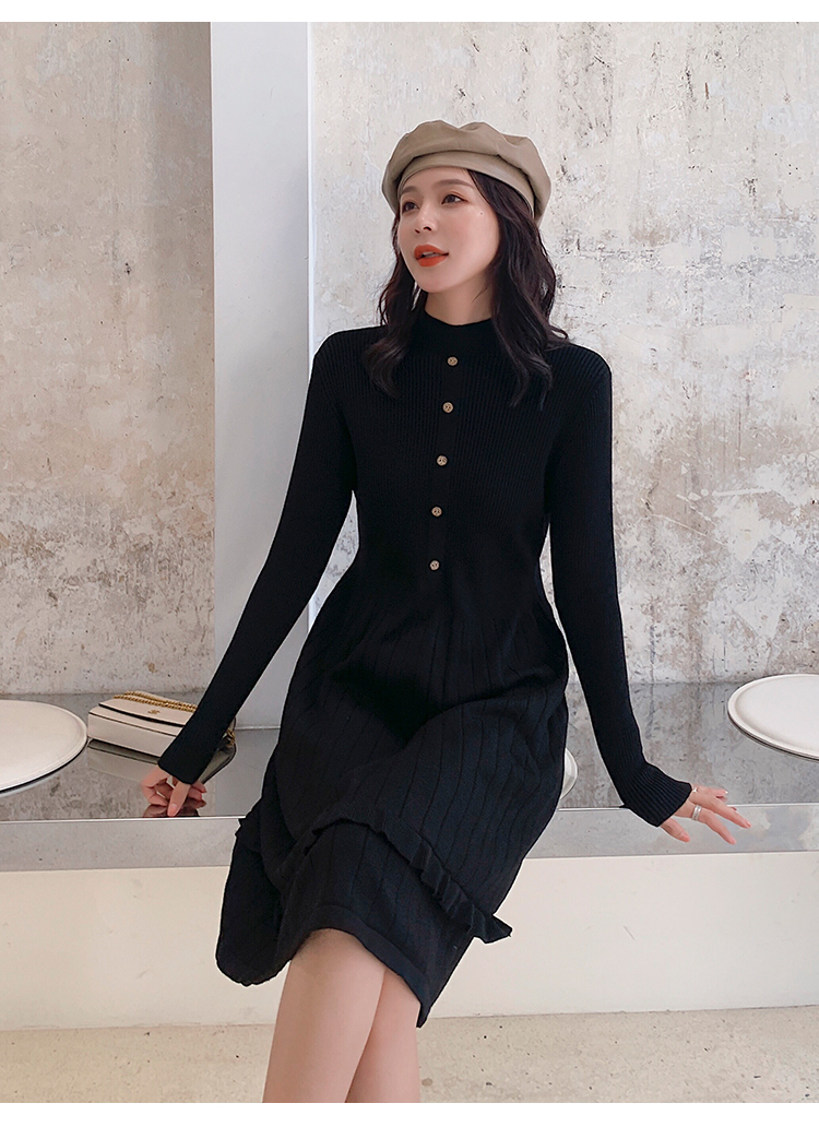实拍针织连衣裙秋冬中长款内搭2019新款女装毛衣裙打底冬季超火