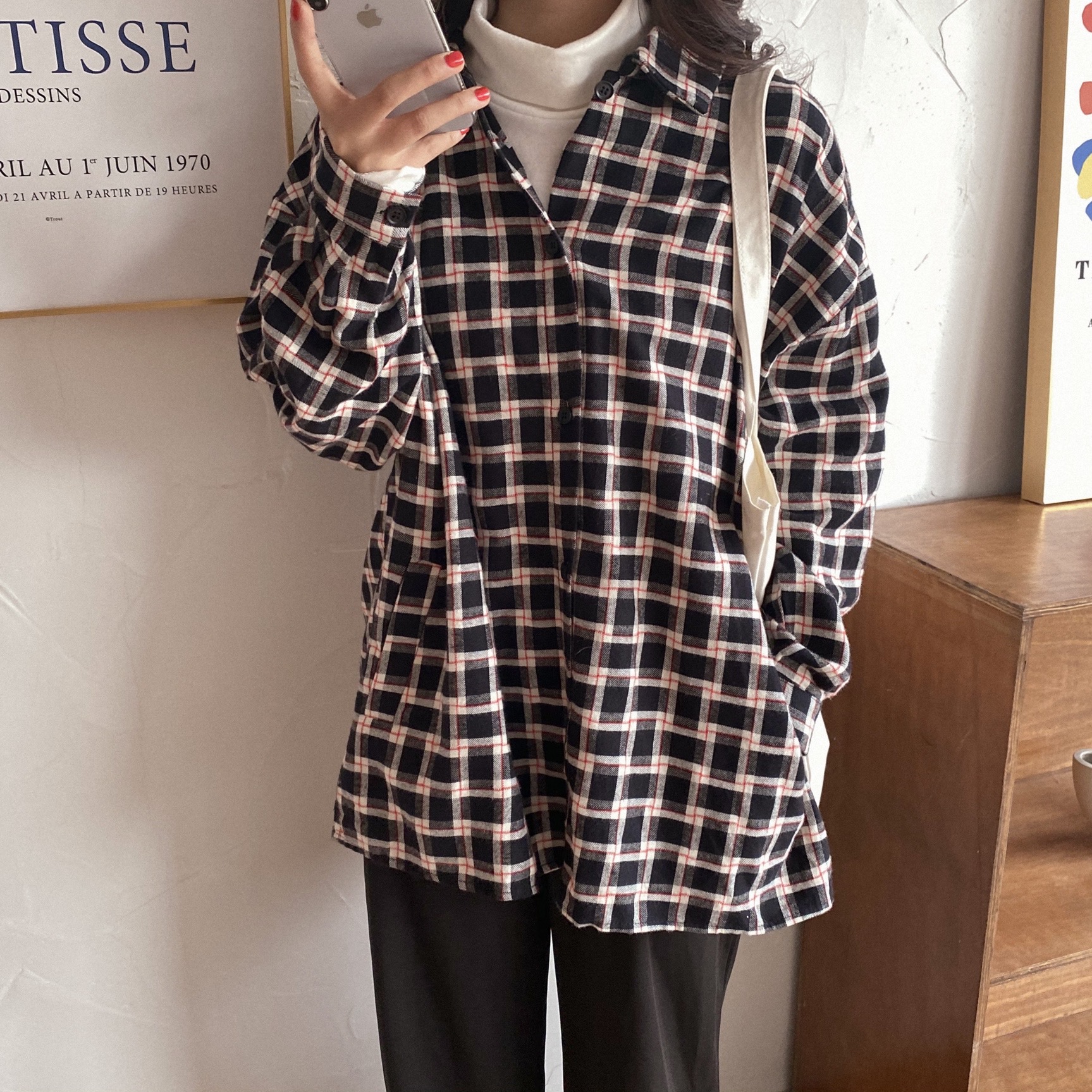 实价实拍秋冬韩版复古叠穿格子衬衫女百搭设计感长袖上衣外套