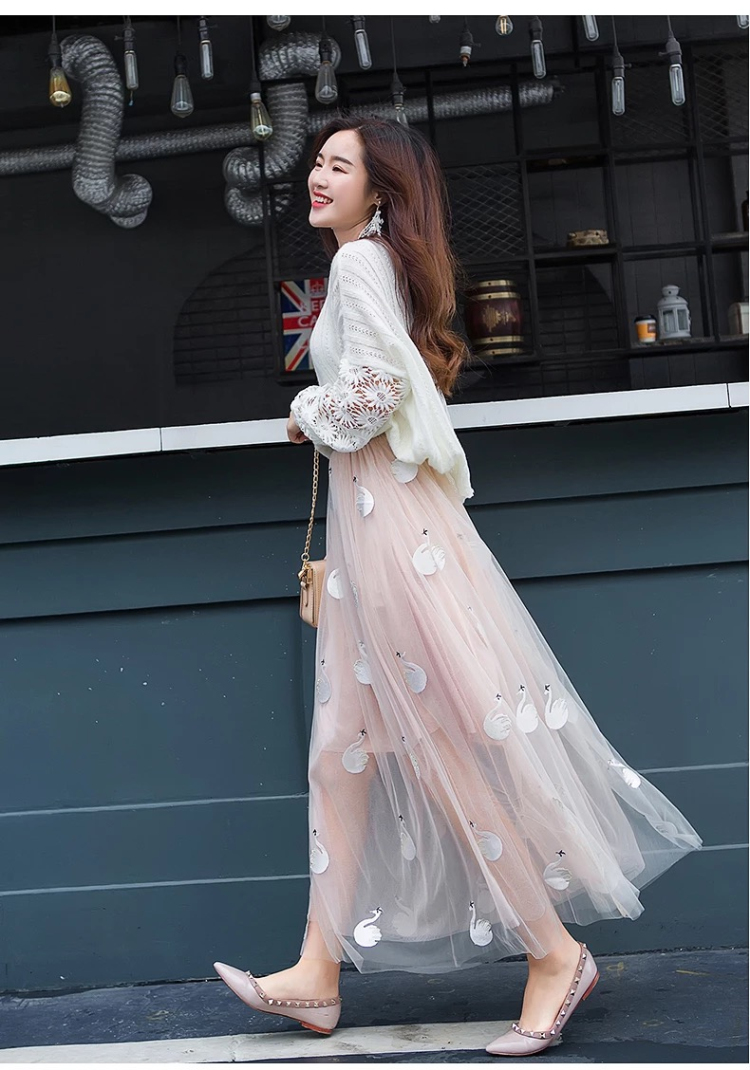 半身裙中长款很仙的裙子超仙网纱裙女刺绣天鹅图案长裙蓬蓬裙纱裙