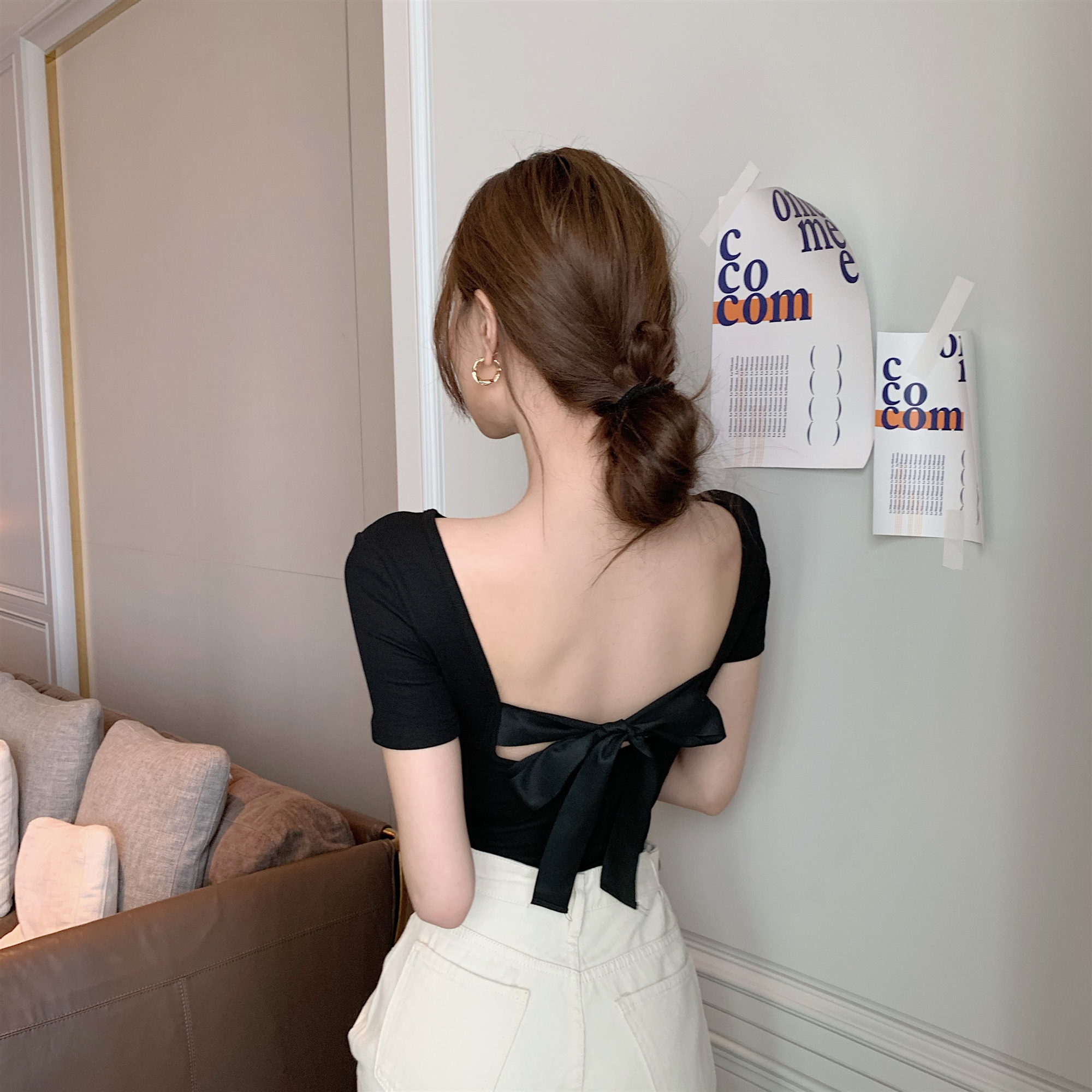 实拍实价 新款复古露背气质短款减龄后背蝴蝶结修身t恤女