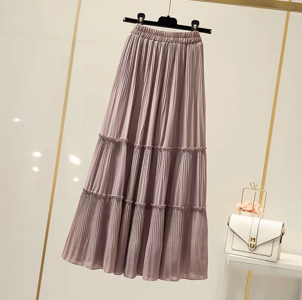 雪纺松紧腰半身裙女2020春季新款a字中长裙显瘦百褶蛋糕打底裙子