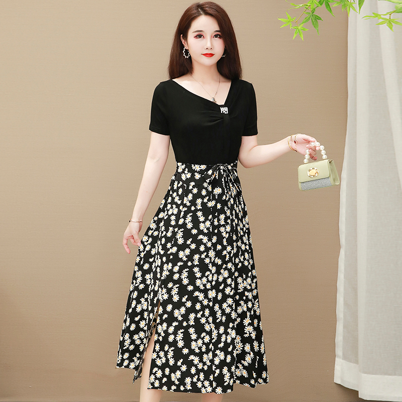 实拍拼接双色连衣裙显瘦小菊花夏季修身气质女装妈妈装