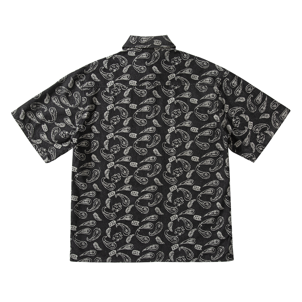 现货夏季西海岸腰果花短袖牛仔衬衫古着薄款外套国潮牌上衣男女