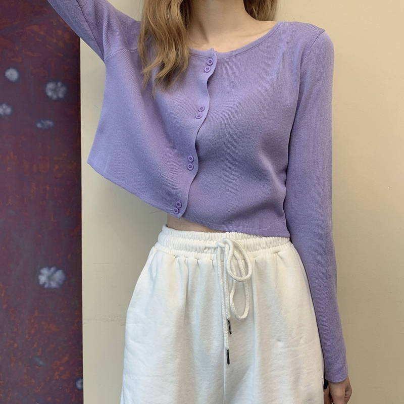 2020 new gentle wear thin sweater cardigan women's coat Long Sleeve purple short BM top