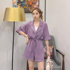 夏季女装2020新款紫色连体裤女工装连衣裤西装领收腰连身阔腿裤子