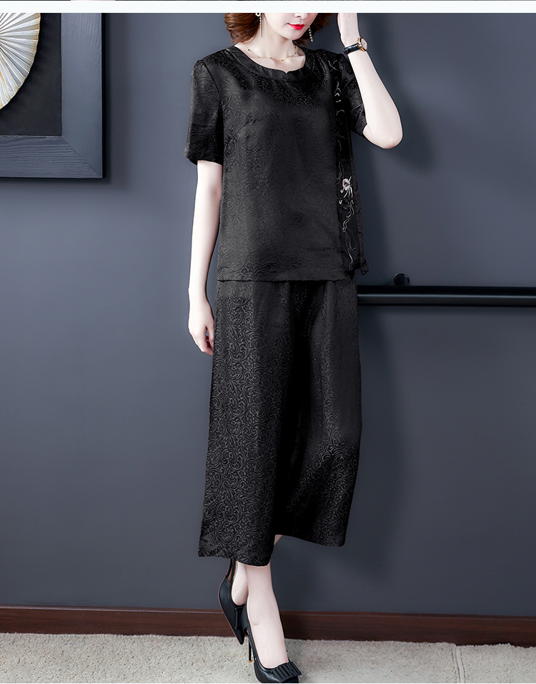 真丝套装女提花香云纱两件套中老年刺绣桑蚕丝妈妈装上衣搭阔腿裤