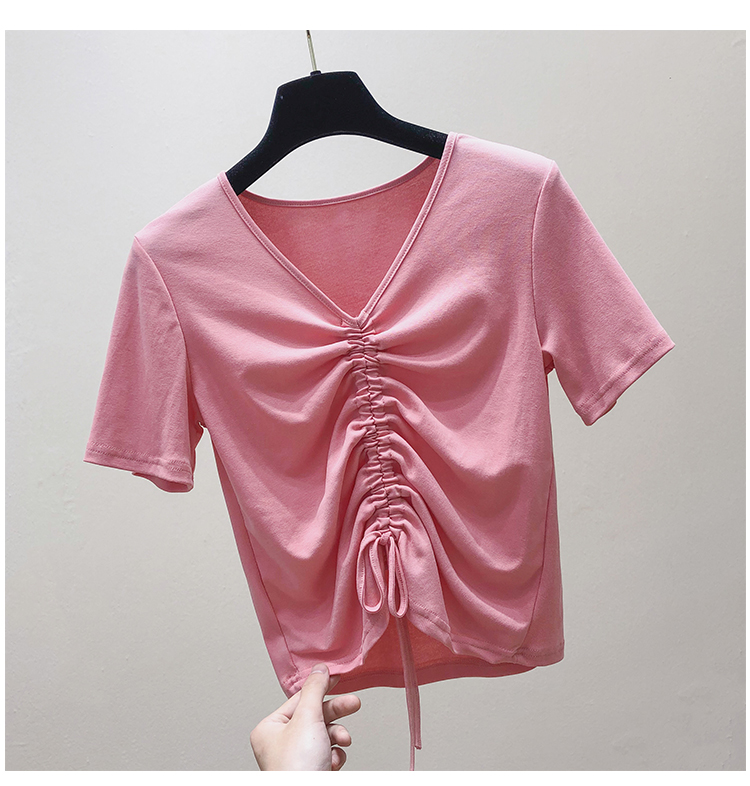 紫色t恤女抽绳短袖夏季2020年新款韩版修身v领半袖百搭chic上衣潮
