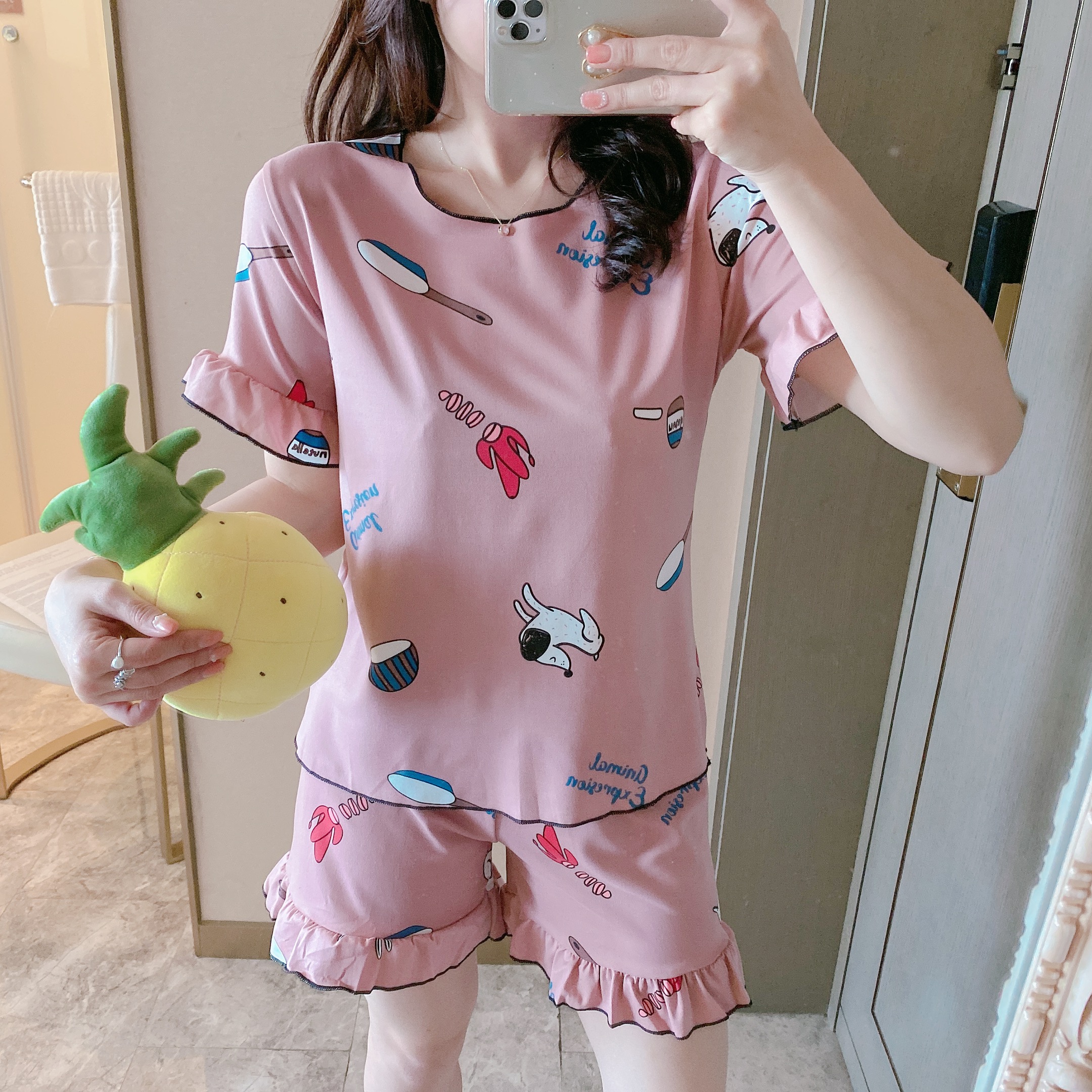 夏季新款睡衣女短袖短裤少女可爱宽松舒适家居服两件套 牛奶丝