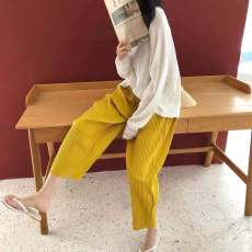 大码九分裤女胖mm冰丝阔腿高腰百褶显瘦萝卜适合胯大腿根粗的裤子