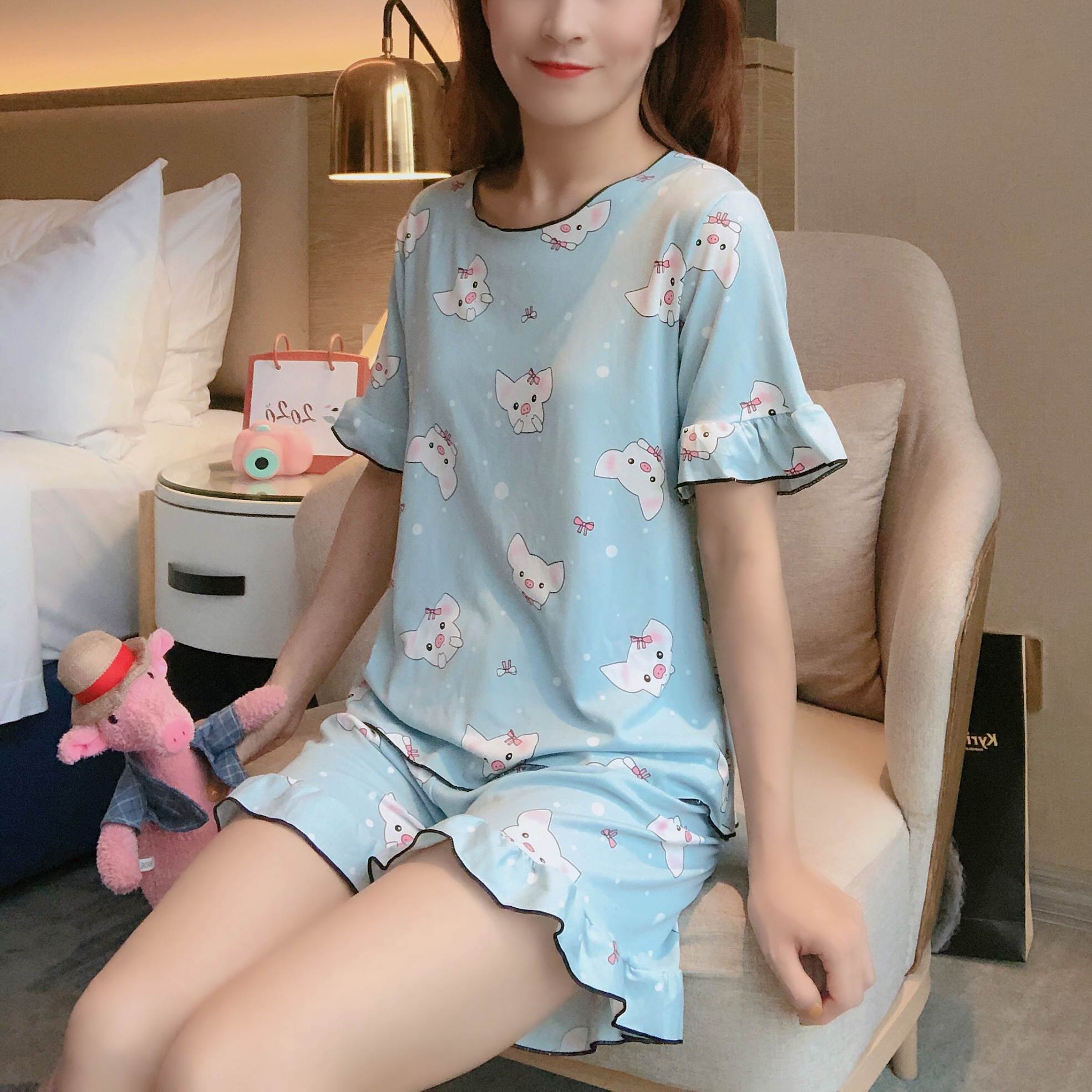 夏季新款睡衣女短袖短裤少女可爱宽松舒适家居服两件套牛奶丝