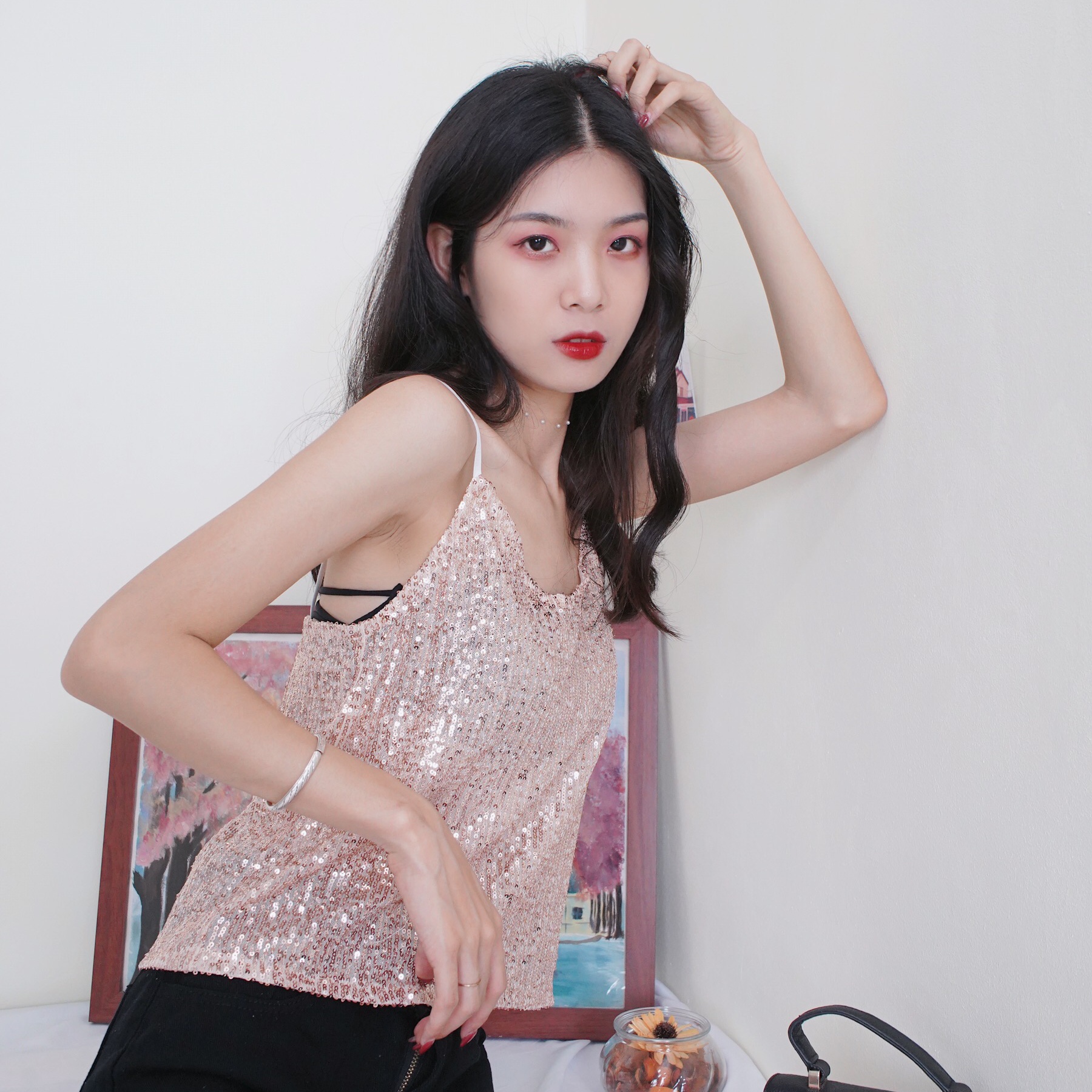 实拍 夏季新款内搭性感闪闪亮片吊带背心女网红上衣mschf打底外穿