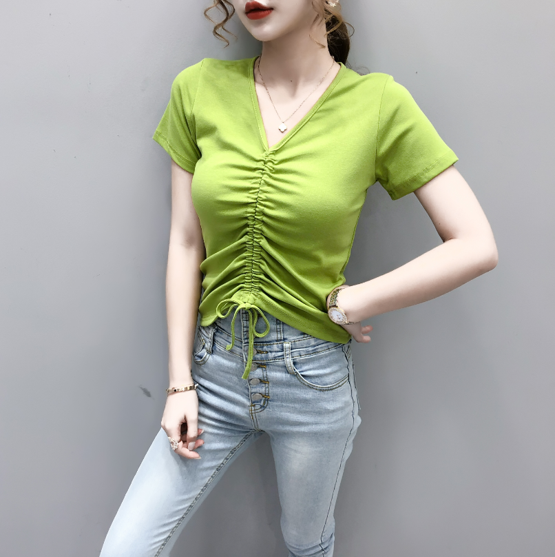 高腰露脐短袖t恤女装2020年夏季抽绳设计感心机紧身短款上衣ins潮