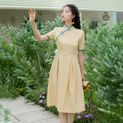 格子旗袍少女长款蚀骨年轻款中国风气质优雅日常可穿改良版连衣裙