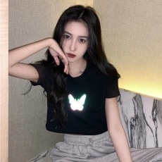 夏季港风ins网红同款蝴蝶反光短袖t恤短款露脐上衣女情侣闺蜜装潮