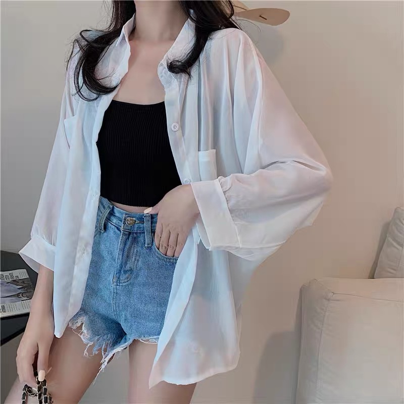 Sun protection clothing chiffon shirt white fairy cardigan thin breathable Korean style loose 2024 summer new style UV protection